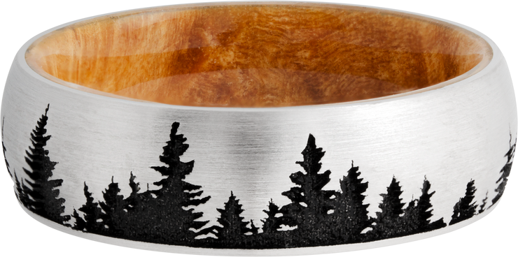 Cobalt chrome 7mm domed band featuring a laser-engraved tree pattern and a hardwood sleeve of Boxelder Burl