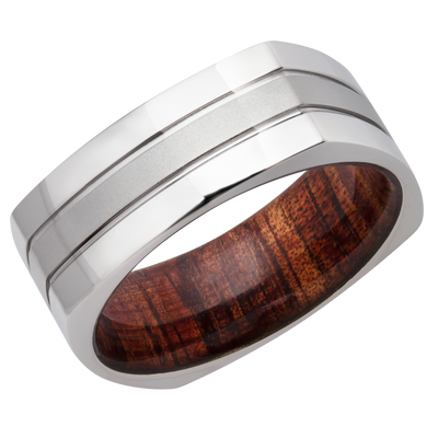 Cobalt chrome 8mm flat square band with a hardwood sleeve of Koa