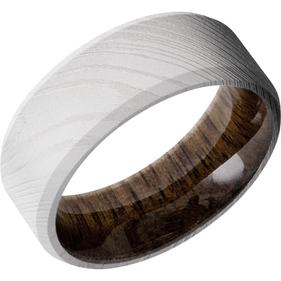 Damascus steel 8mm beveled band with a sleeve of Walnut hardwood