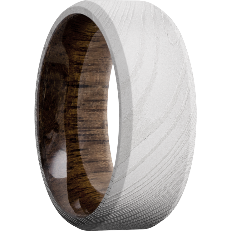 Damascus steel 8mm beveled band with a sleeve of Walnut hardwood