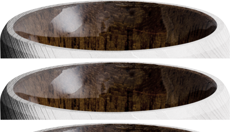 Damascus steel 8mm beveled band with a sleeve of Walnut hardwood