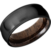 Zirconium 8mm domed band with milgrain edges and a sleeve of Walnut hardwood
