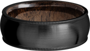 Zirconium 8mm domed band with milgrain edges and a sleeve of Walnut hardwood