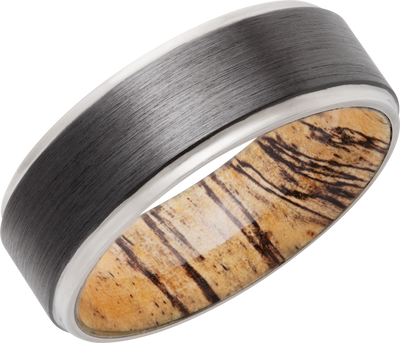 Zirconium 8mm flat band with grooved edges and a hardwood sleeve of Spalted Tamarind