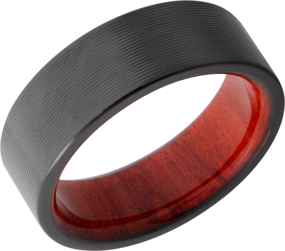 Zirconium 8mm flat band with rounded edges and a hardwood sleeve of Honduras Redheart