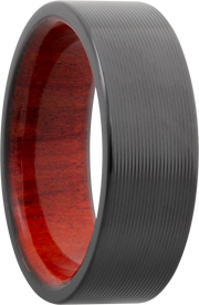 Zirconium 8mm flat band with rounded edges and a hardwood sleeve of Honduras Redheart
