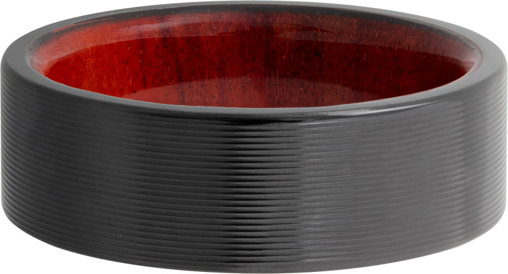 Zirconium 8mm flat band with rounded edges and a hardwood sleeve of Honduras Redheart