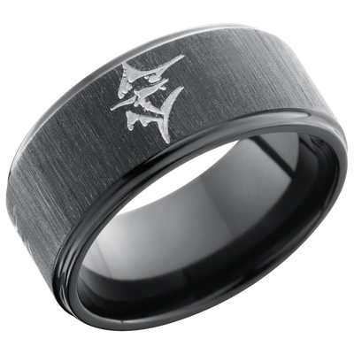 Zirconium 10mm flat band with grooved edges and a laser-carved marlin fish