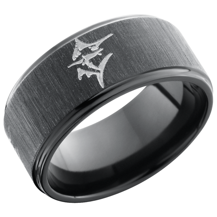 Zirconium 10mm flat band with grooved edges and a laser-carved marlin fish