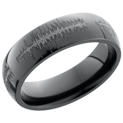 Zirconium 6mm domed band with a laser-carved soundwave