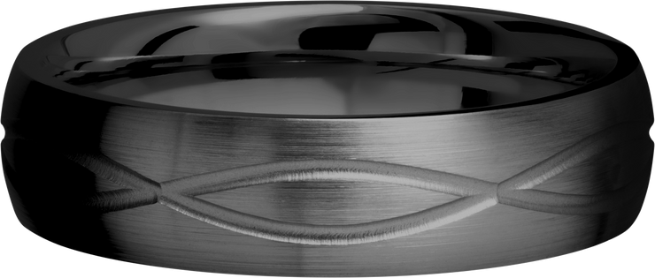 Zirconium 6mm domed band with a laser-carved infinity pattern