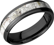 Zirconium 6mm flat band with grooved edges and a 3mm inlay of Kings Snow Camo