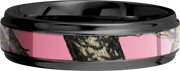 Cobalt chrome 6mm flat band with grooved edges and a 3mm inlay of Mossy Oak Pink Break Up Camo