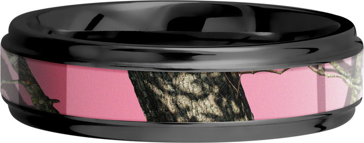Cobalt chrome 6mm flat band with grooved edges and a 3mm inlay of Mossy Oak Pink Break Up Camo