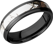 Zirconium 6mm flat band with grooved edges and a 3mm inlay of Realtree APC Snow Camo