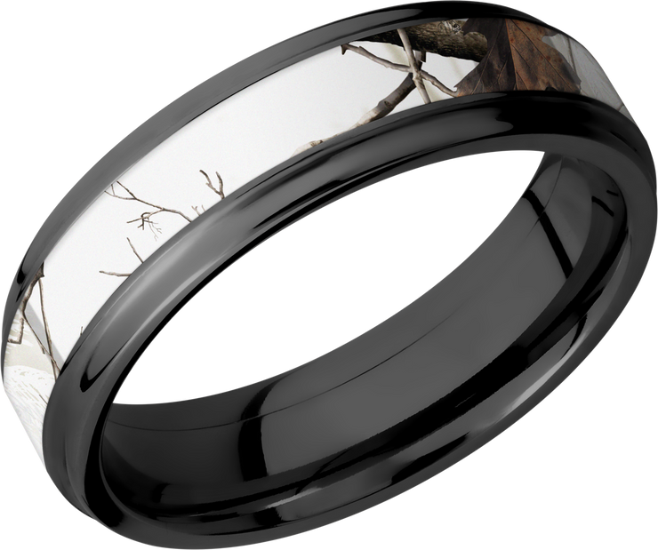 Zirconium 6mm flat band with grooved edges and a 3mm inlay of Realtree APC Snow Camo