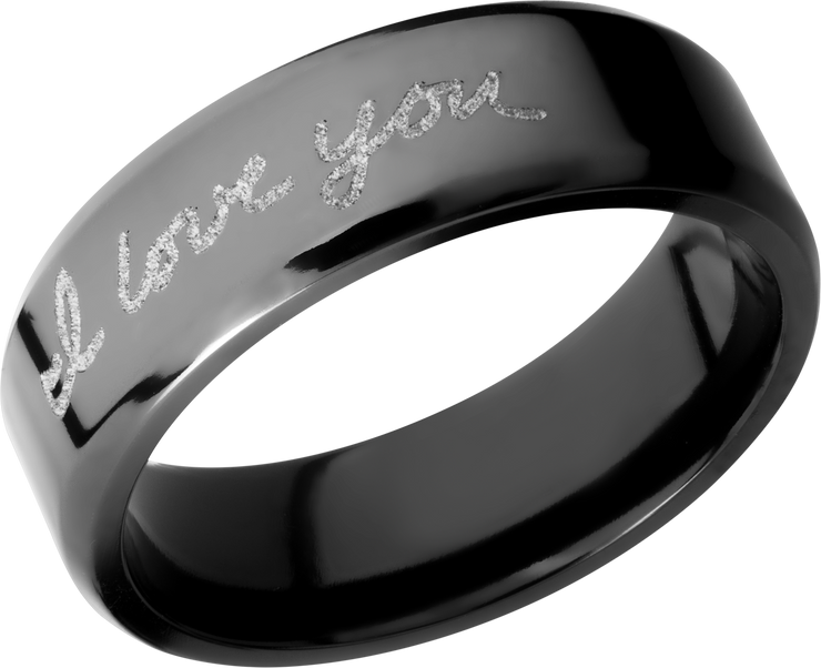 Zirconium 7mm beveled band with a laser-carved handwritten message