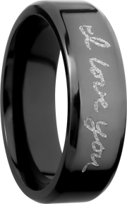 Zirconium 7mm beveled band with a laser-carved handwritten message