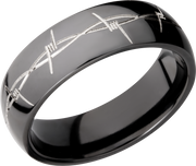 Zirconium 7mm domed band with a laser-carved barbed wire pattern