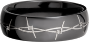 Zirconium 7mm domed band with a laser-carved barbed wire pattern