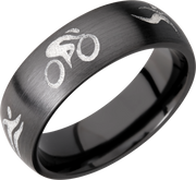 Zirconium 7mm domed band with a laser-carved triathlon pattern