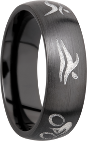 Zirconium 7mm domed band with a laser-carved triathlon pattern