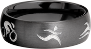 Zirconium 7mm domed band with a laser-carved triathlon pattern