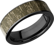 Cobalt chrome 7mm flat band with a 6mm inlay of Mossy Oak Bottomland Camo