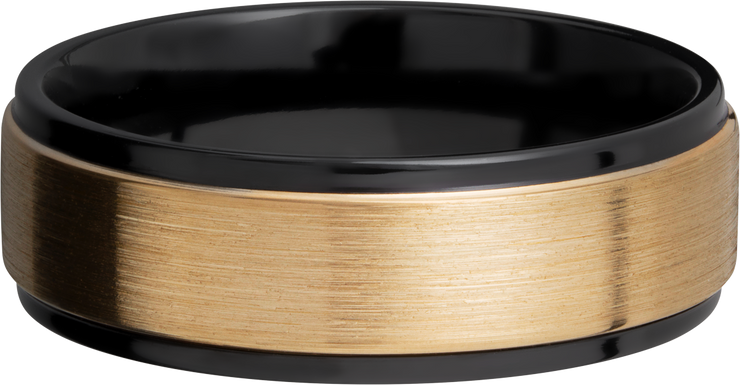 Zirconium 7mm flat band with grooved edges and an inlay of 14K yellow gold