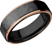 Zirconium 7mm flat band with 14K rose gold grooved edges