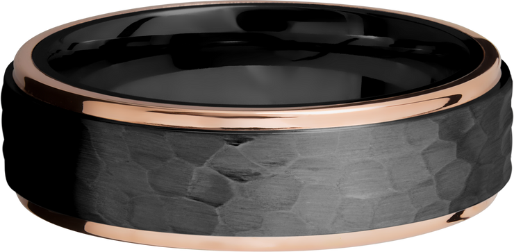 Zirconium 7mm flat band with 14K rose gold grooved edges