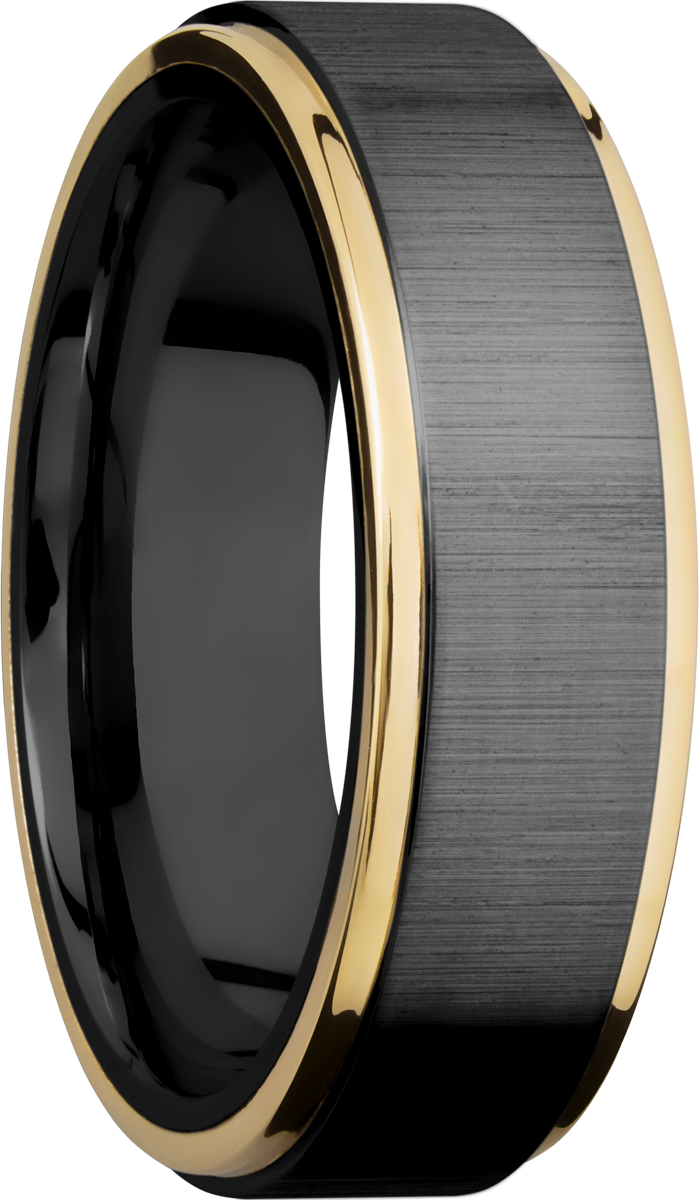 Zirconium 7mm flat band with 14K yellow gold grooved edges