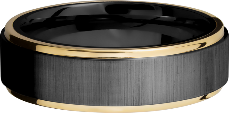 Zirconium 7mm flat band with 14K yellow gold grooved edges