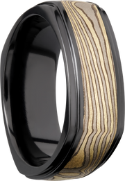 Zirconium 8.5mm flat square band with an inlay of Mokume Gane and grooved edges
