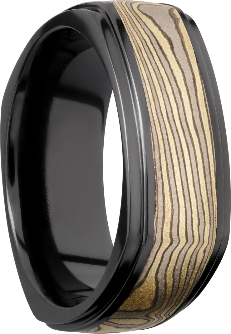 Zirconium 8.5mm flat square band with an inlay of Mokume Gane and grooved edges