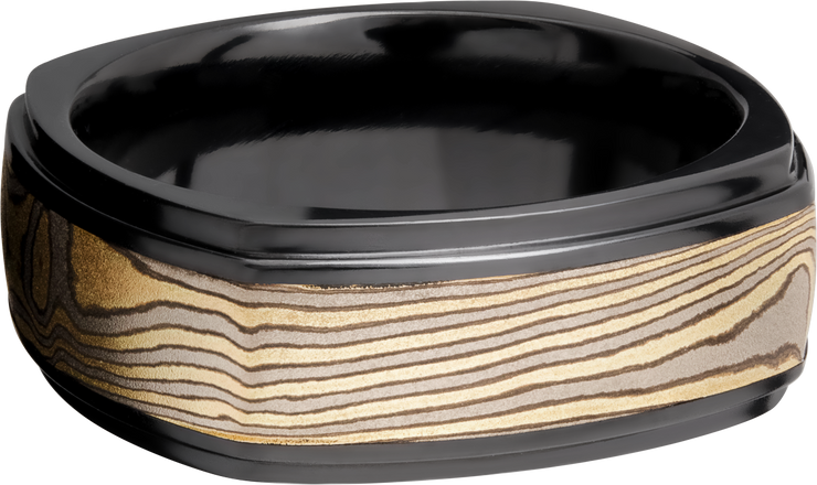 Zirconium 8.5mm flat square band with an inlay of Mokume Gane and grooved edges