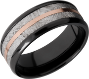 Zirconium 8mm beveled band with an inlay of authentic Gibeon Meteorite and a 14K rose gold inlay