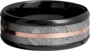Zirconium 8mm beveled band with an inlay of authentic Gibeon Meteorite and a 14K rose gold inlay