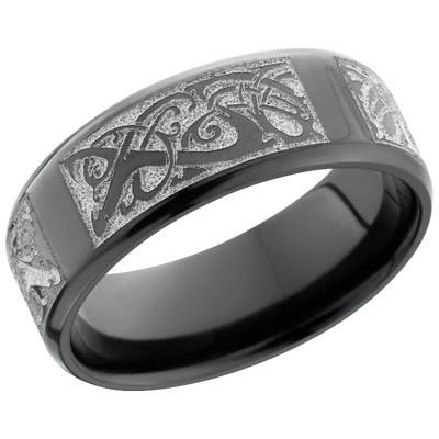 Zirconium 8mm beveled band with a laser-carved serpent pattern