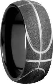 Zirconium 8mm domed band with a laser-carved basketball pattern