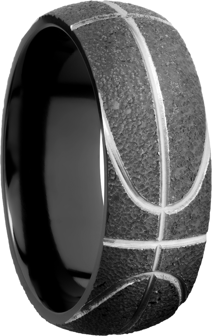 Zirconium 8mm domed band with a laser-carved basketball pattern