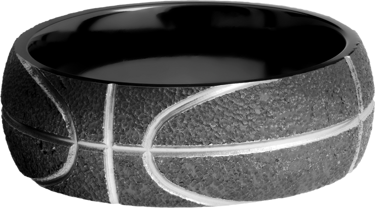 Zirconium 8mm domed band with a laser-carved basketball pattern