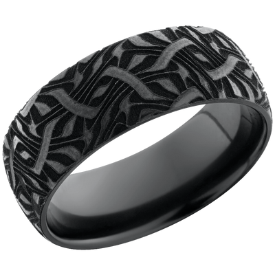 Zirconium 8mm domed band with a laser-carved escher pattern