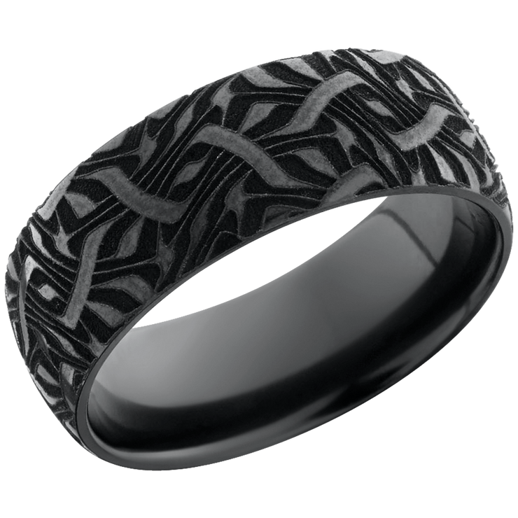 Zirconium 8mm domed band with a laser-carved escher pattern