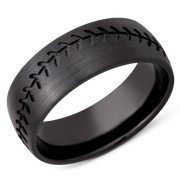 Zirconium 8mm domed band with a laser-carved baseball stitch