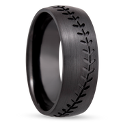 Zirconium 8mm domed band with a laser-carved baseball stitch