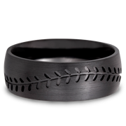 Zirconium 8mm domed band with a laser-carved baseball stitch