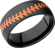 Zirconium 8mm domed band with a laser-carved baseball stitch and orange Cerakote in the recessed stitching