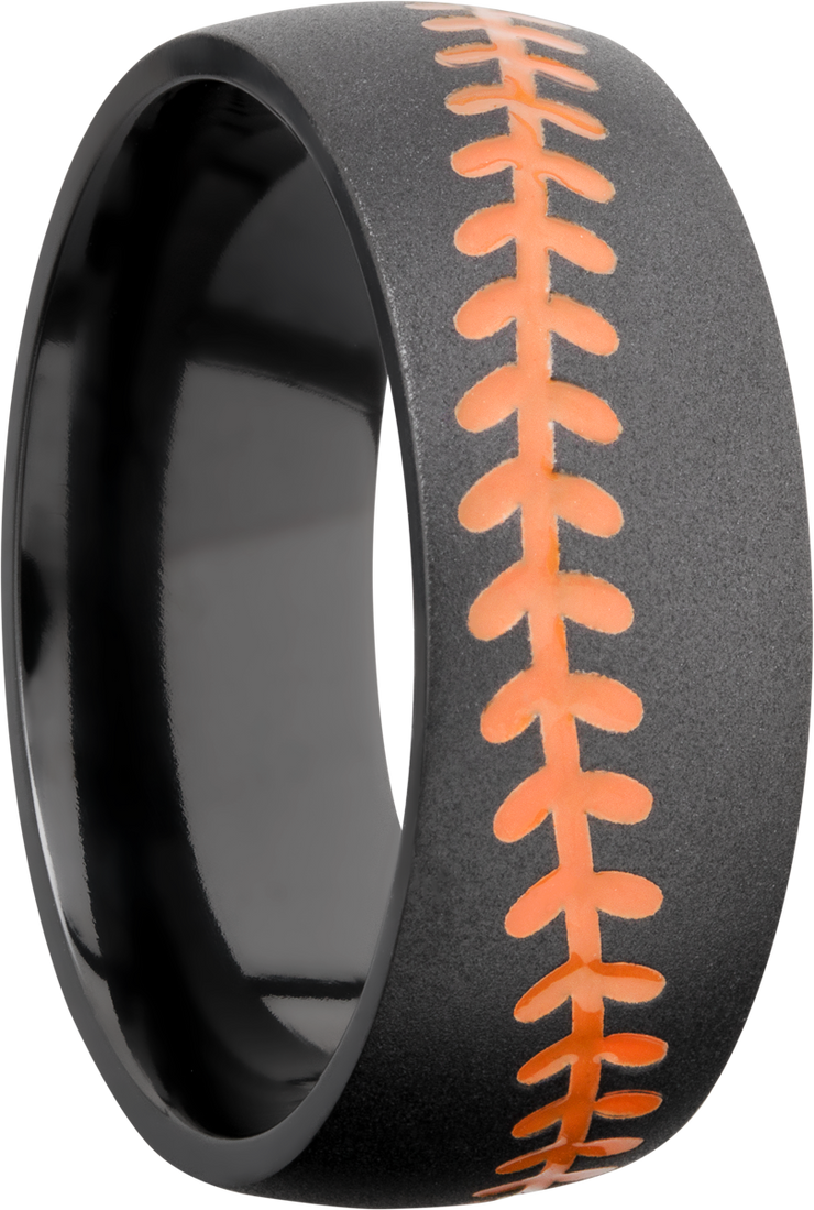 Zirconium 8mm domed band with a laser-carved baseball stitch and orange Cerakote in the recessed stitching