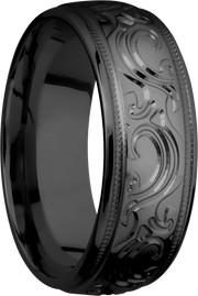 Zirconium 8mm domed band with a laser-carved scroll MJBA pattern